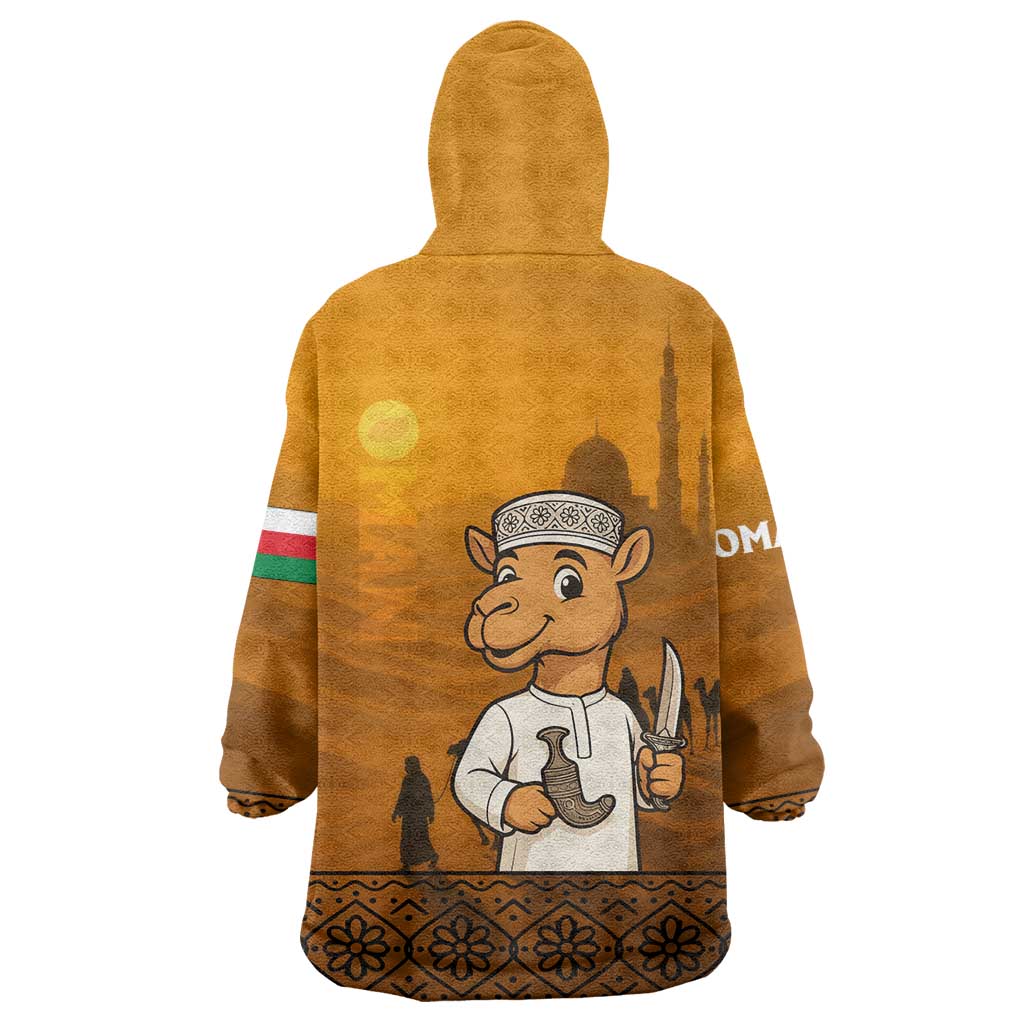 Oman Wearable Blanket Hoodie with Traditional Camel Character and Desert Silhouette Design