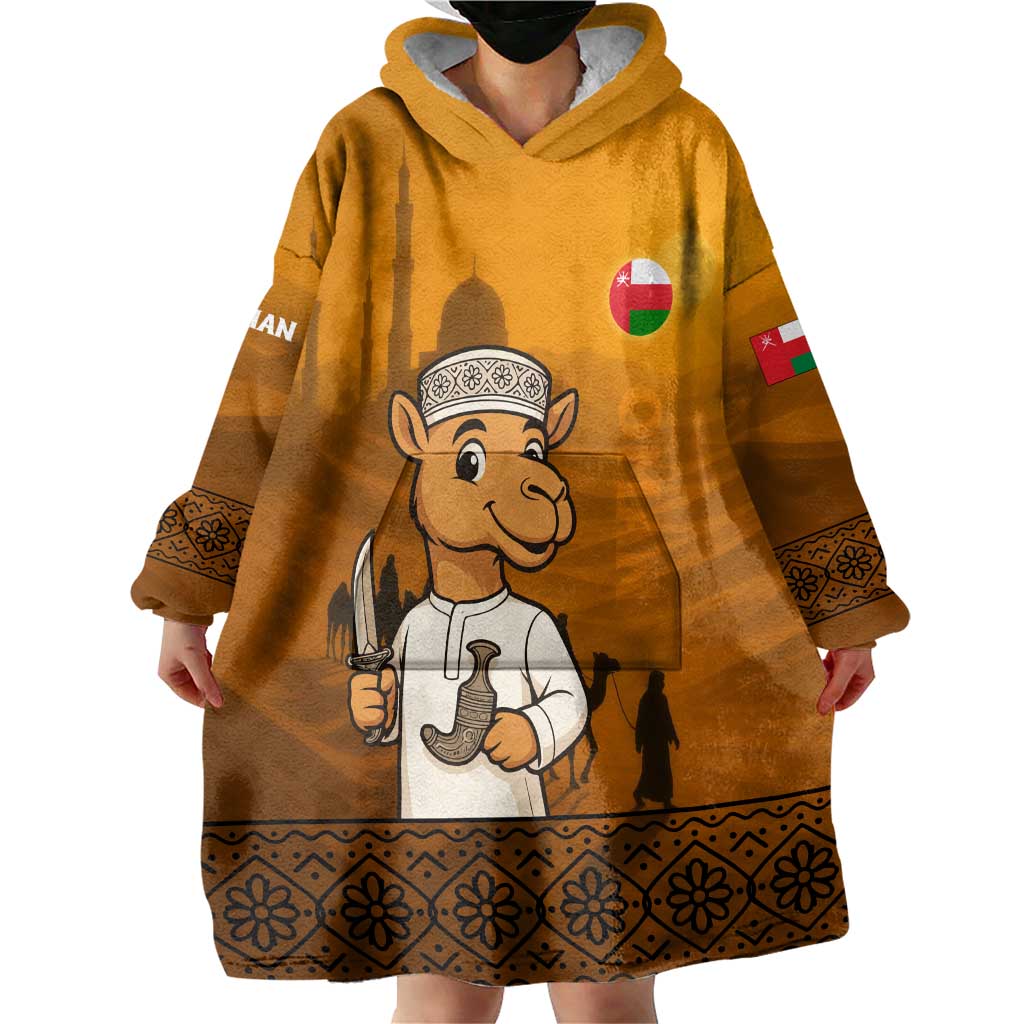 Oman Wearable Blanket Hoodie with Traditional Camel Character and Desert Silhouette Design