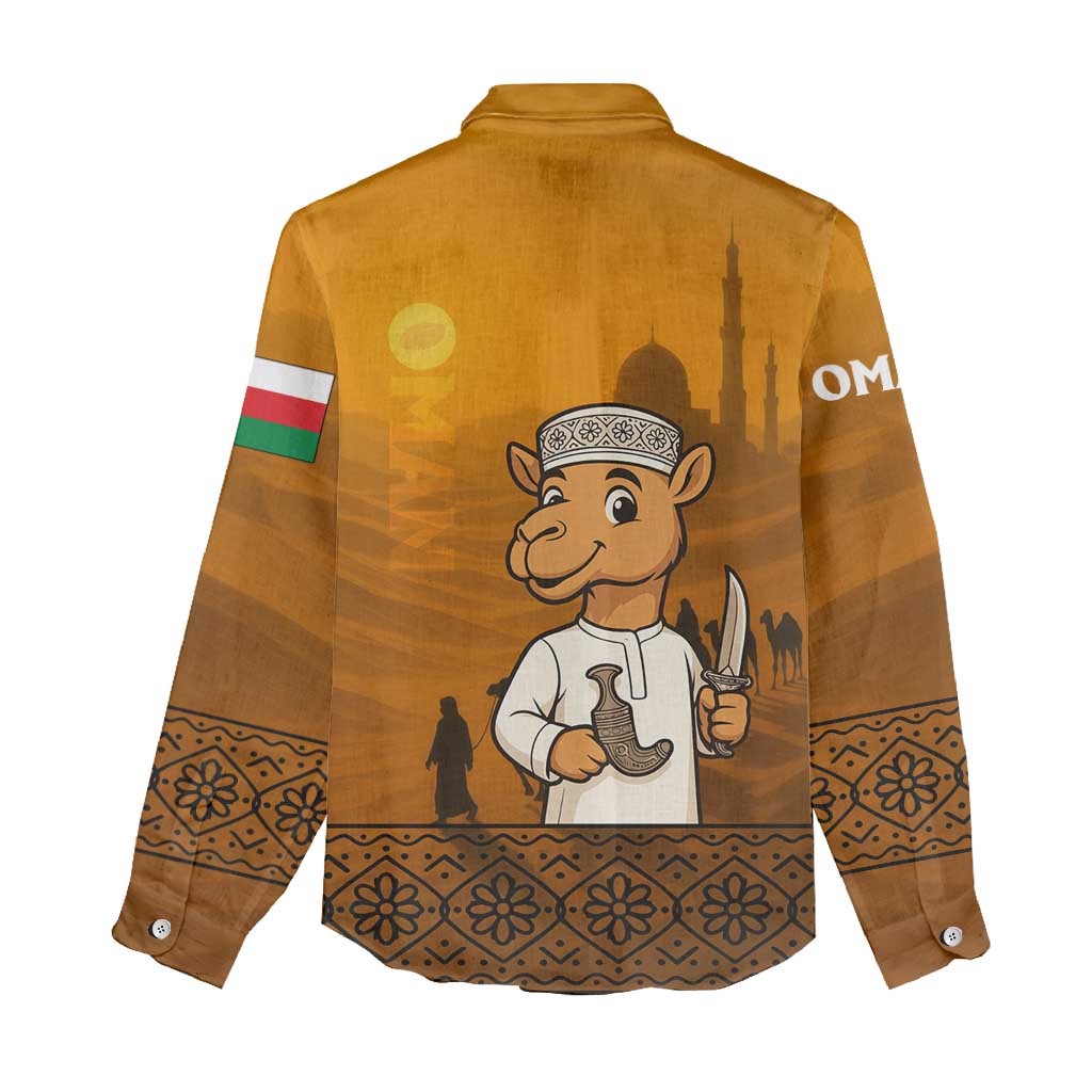 Oman Women Casual Shirt with Traditional Camel Character and Desert Silhouette Design