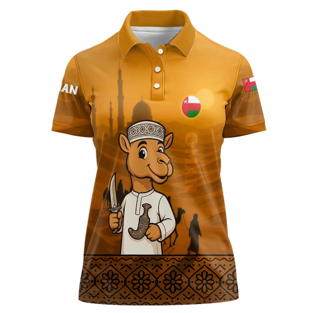 Oman Women Polo Shirt with Traditional Camel Character and Desert Silhouette Design