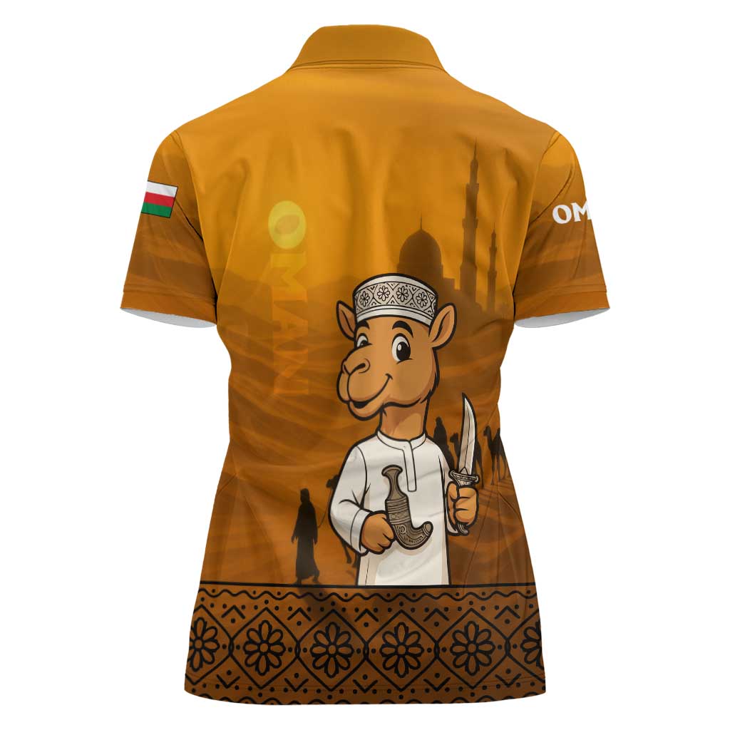 Oman Women Polo Shirt with Traditional Camel Character and Desert Silhouette Design