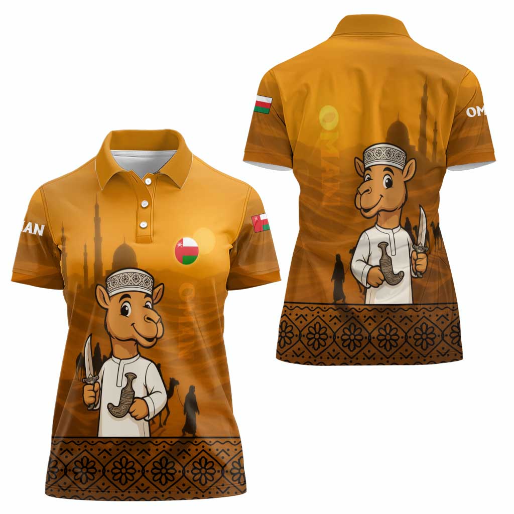 Oman Women Polo Shirt with Traditional Camel Character and Desert Silhouette Design