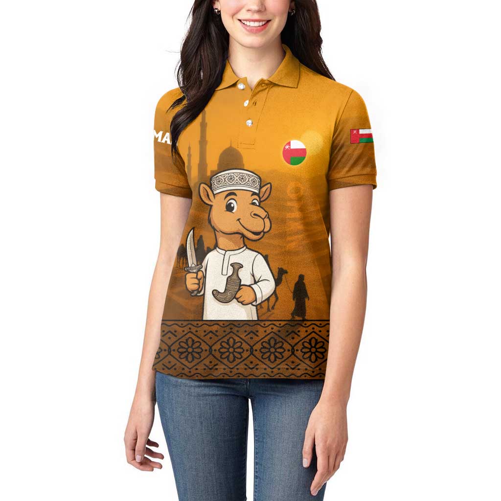 Oman Women Polo Shirt with Traditional Camel Character and Desert Silhouette Design