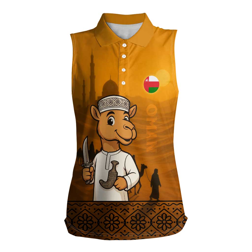 Oman Women Sleeveless Polo Shirt with Traditional Camel Character and Desert Silhouette Design