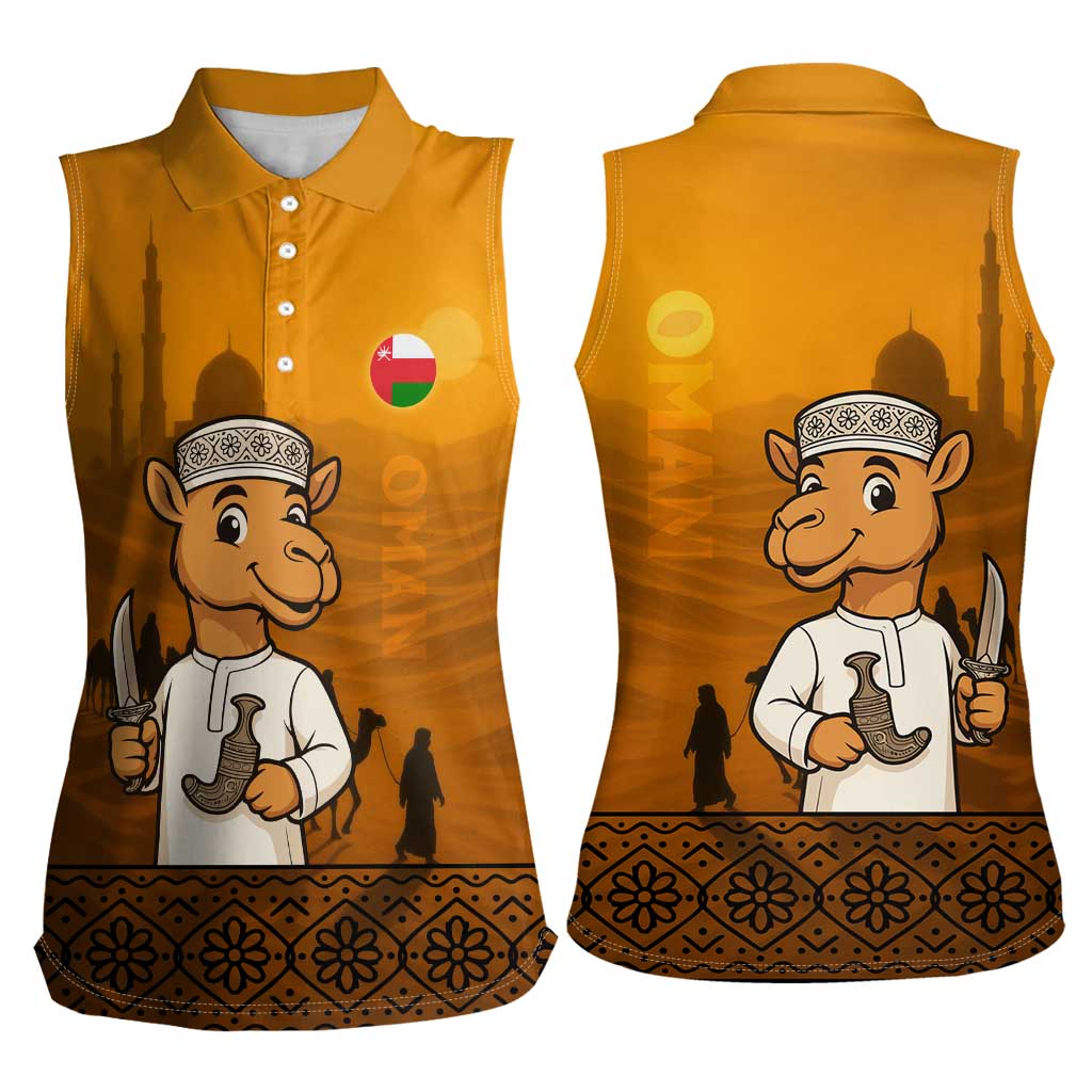 Oman Women Sleeveless Polo Shirt with Traditional Camel Character and Desert Silhouette Design