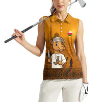 Oman Women Sleeveless Polo Shirt with Traditional Camel Character and Desert Silhouette Design