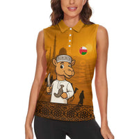 Oman Women Sleeveless Polo Shirt with Traditional Camel Character and Desert Silhouette Design