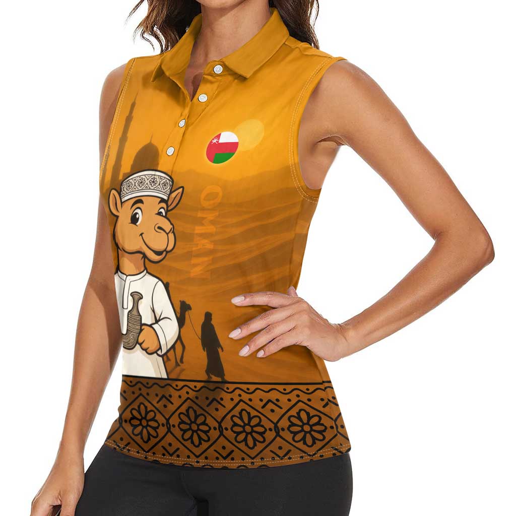 Oman Women Sleeveless Polo Shirt with Traditional Camel Character and Desert Silhouette Design
