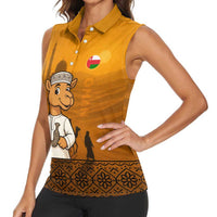 Oman Women Sleeveless Polo Shirt with Traditional Camel Character and Desert Silhouette Design