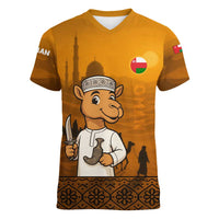 Oman Women V-Neck T-Shirt with Traditional Camel Character and Desert Silhouette Design