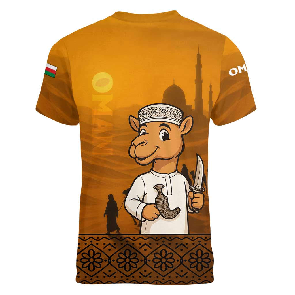 Oman Women V-Neck T-Shirt with Traditional Camel Character and Desert Silhouette Design