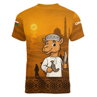 Oman Women V-Neck T-Shirt with Traditional Camel Character and Desert Silhouette Design