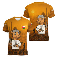 Oman Women V-Neck T-Shirt with Traditional Camel Character and Desert Silhouette Design
