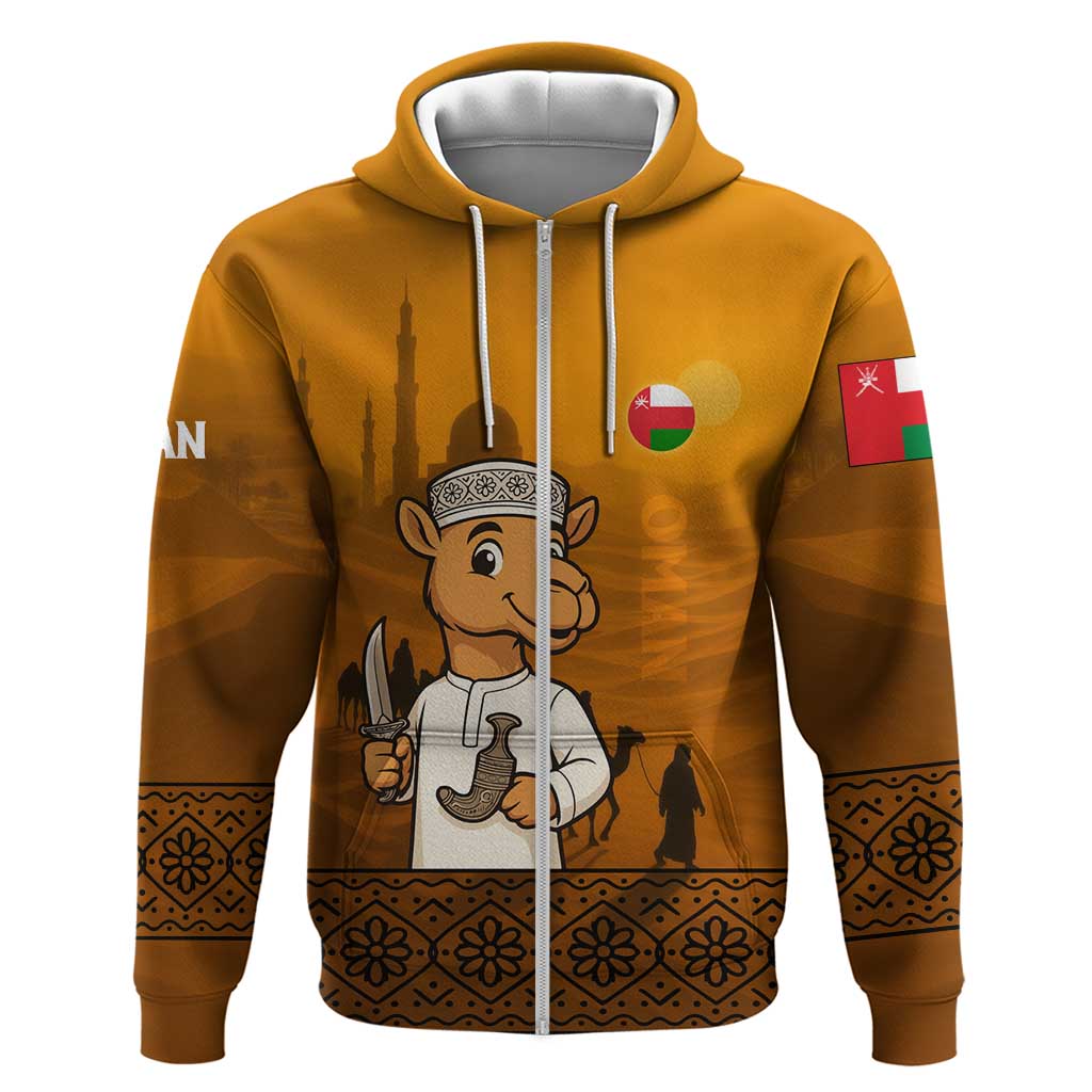 Oman Zip Hoodie with Traditional Camel Character and Desert Silhouette Design