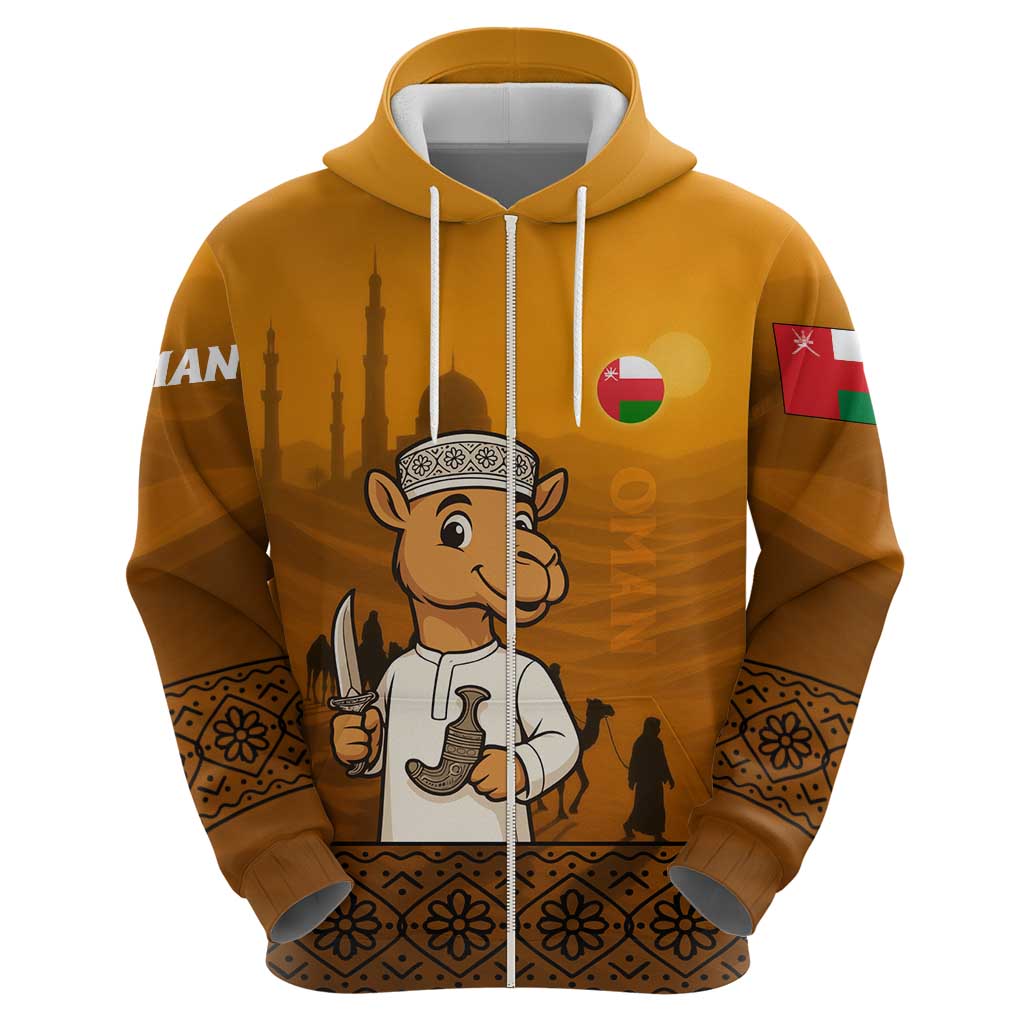 Oman Zip Hoodie with Traditional Camel Character and Desert Silhouette Design