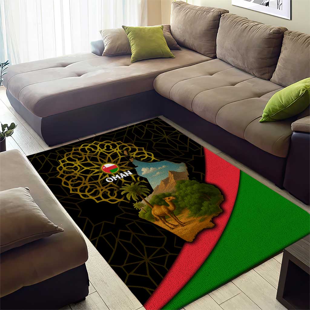 Oman Area Rug with Camel Landscape and Geometric Pattern Design
