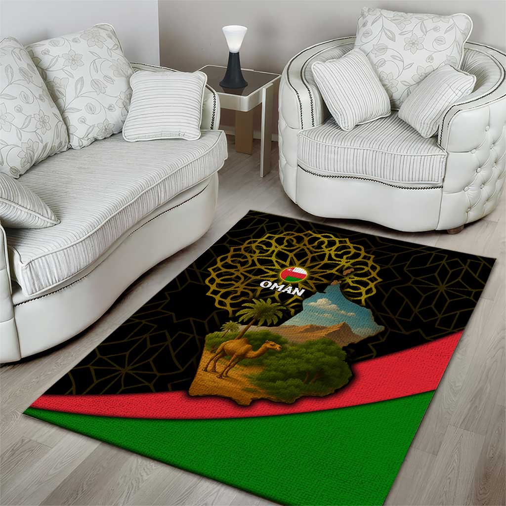 Oman Area Rug with Camel Landscape and Geometric Pattern Design