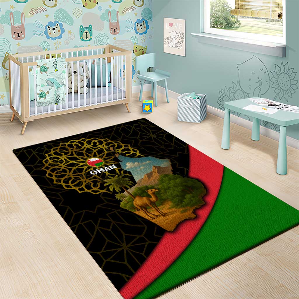 Oman Area Rug with Camel Landscape and Geometric Pattern Design