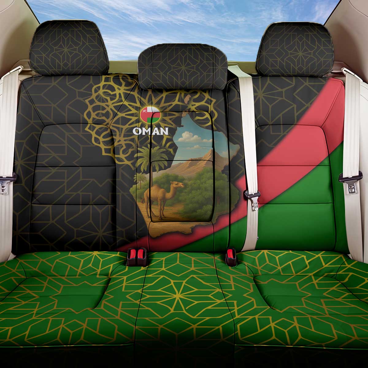 Oman Back Car Seat Cover with Camel Landscape and Geometric Pattern Design