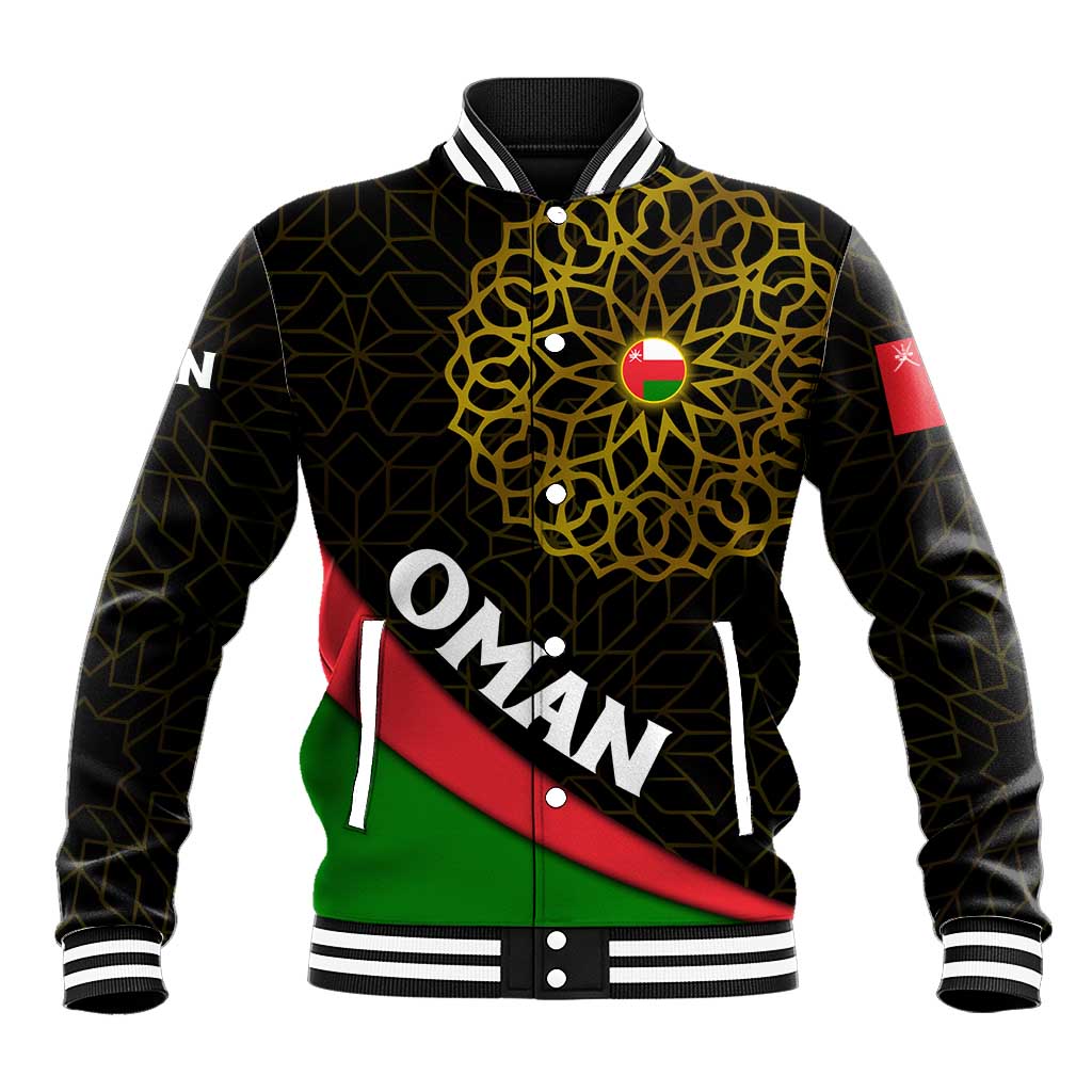 Oman Baseball Jacket with Camel Landscape and Geometric Pattern Design