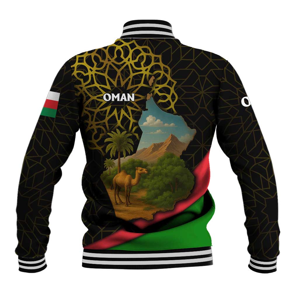 Oman Baseball Jacket with Camel Landscape and Geometric Pattern Design