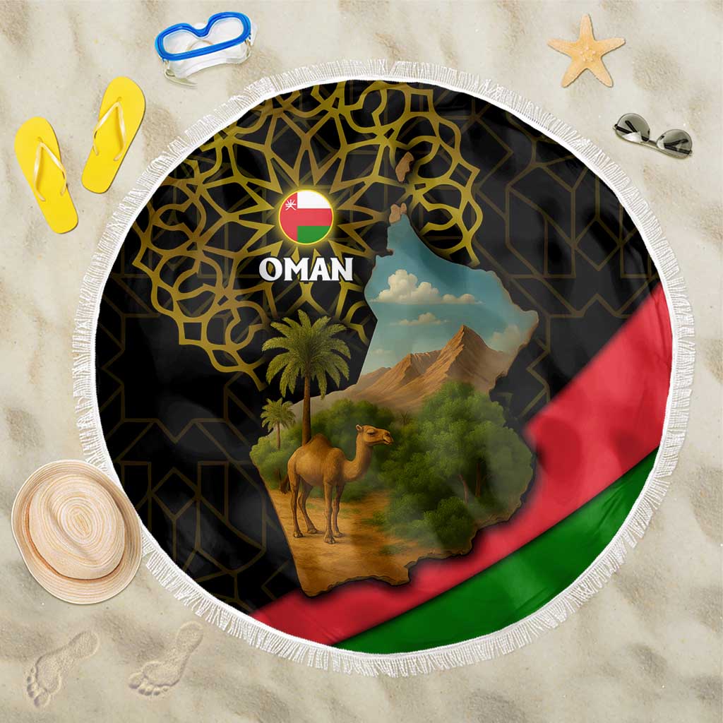 Oman Beach Blanket with Camel Landscape and Geometric Pattern Design