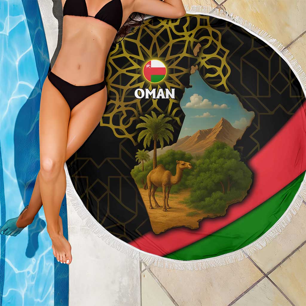 Oman Beach Blanket with Camel Landscape and Geometric Pattern Design