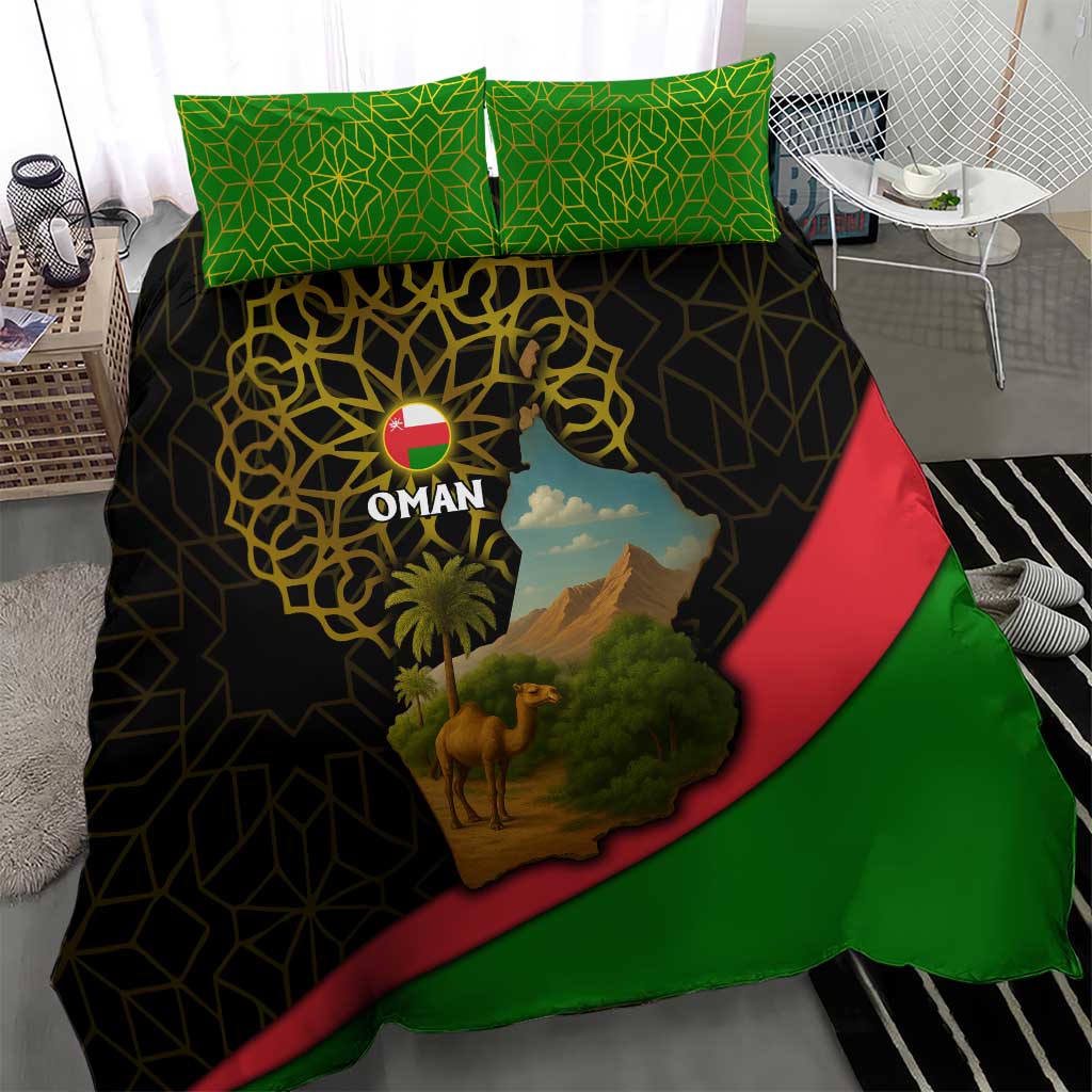 Oman Bedding Set with Camel Landscape and Geometric Pattern Design
