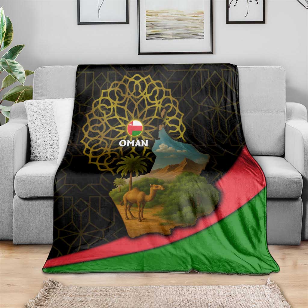 Oman Blanket with Camel Landscape and Geometric Pattern Design
