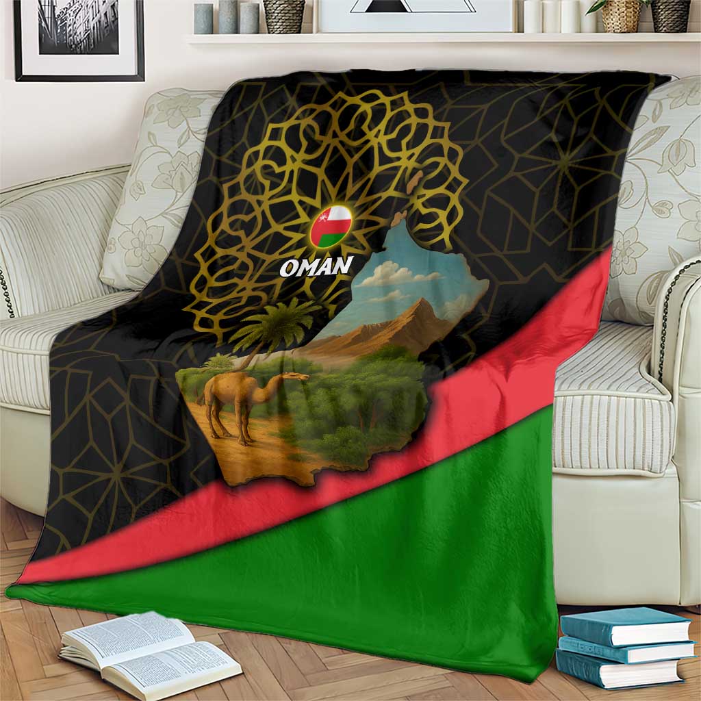 Oman Blanket with Camel Landscape and Geometric Pattern Design