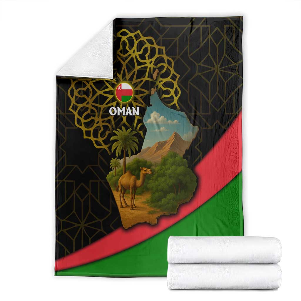 Oman Blanket with Camel Landscape and Geometric Pattern Design