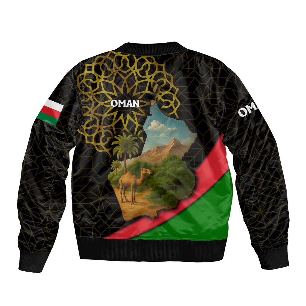 Oman Bomber Jacket with Camel Landscape and Geometric Pattern Design