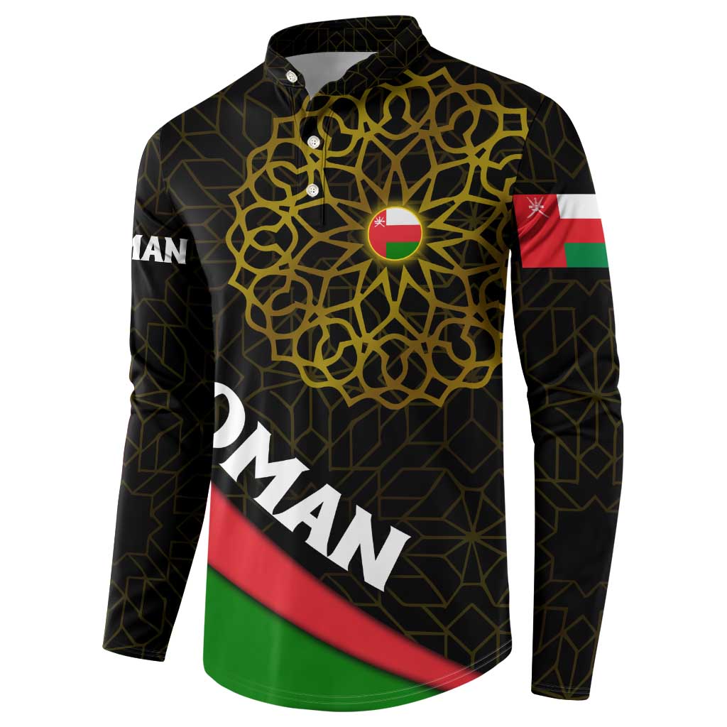 Oman Button Sweatshirt with Camel Landscape and Geometric Pattern Design