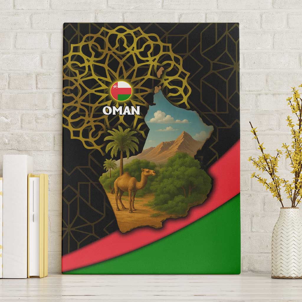 Oman Canvas Wall Art with Camel Landscape and Geometric Pattern Design