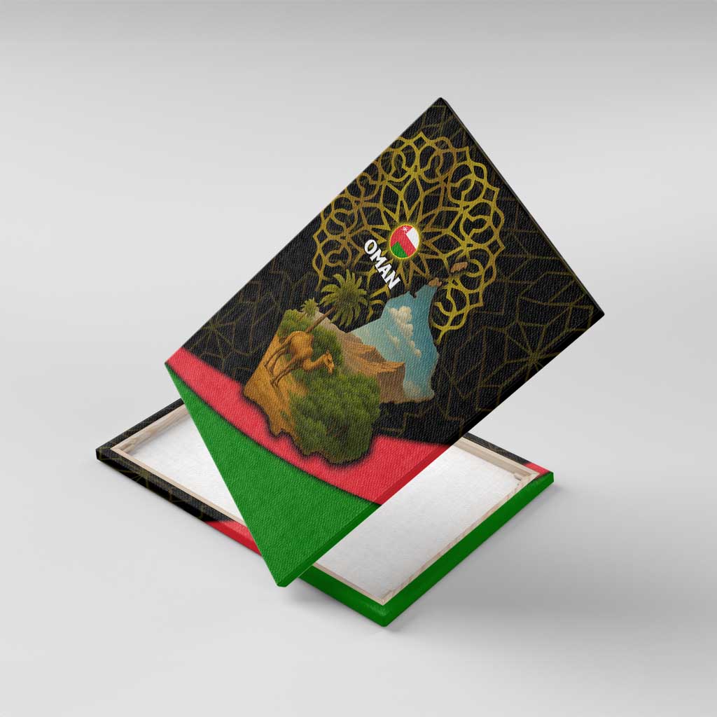 Oman Canvas Wall Art with Camel Landscape and Geometric Pattern Design