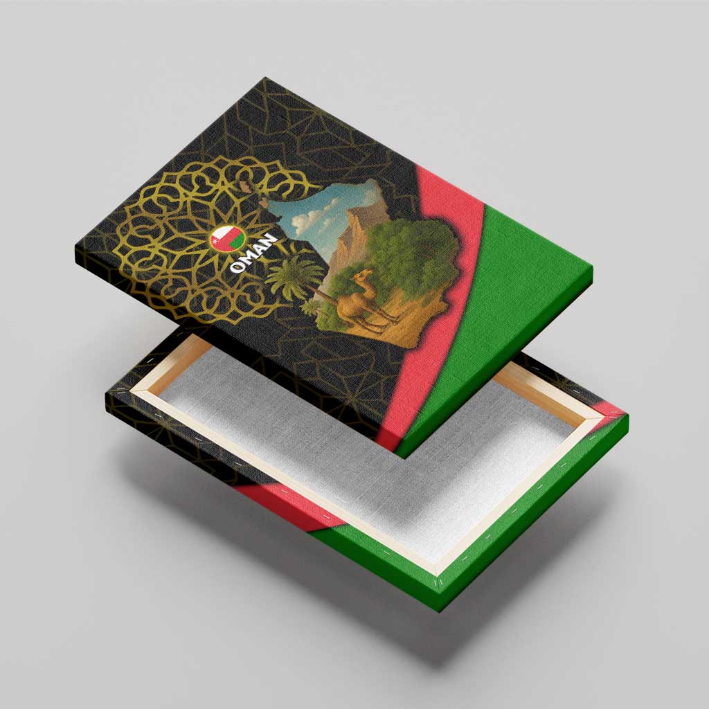 Oman Canvas Wall Art with Camel Landscape and Geometric Pattern Design