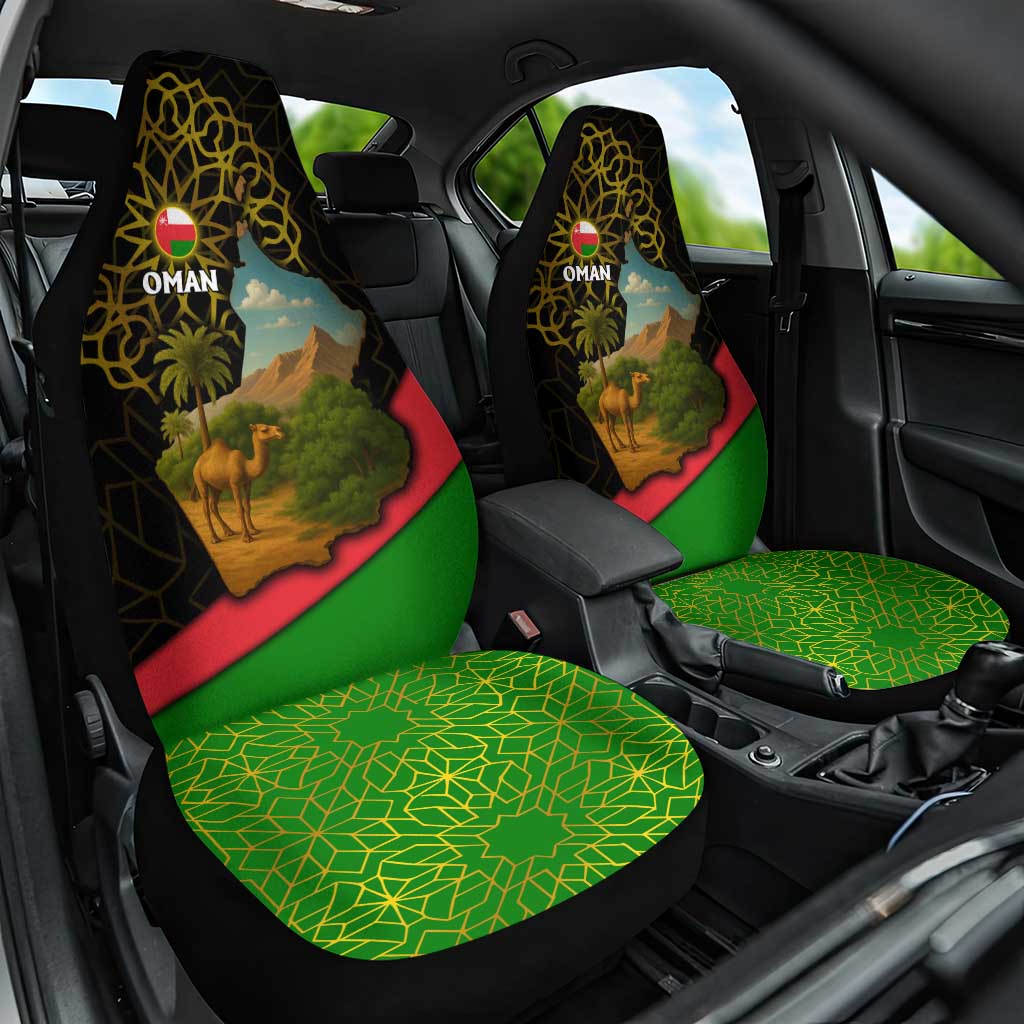 Oman Car Seat Cover with Camel Landscape and Geometric Pattern Design