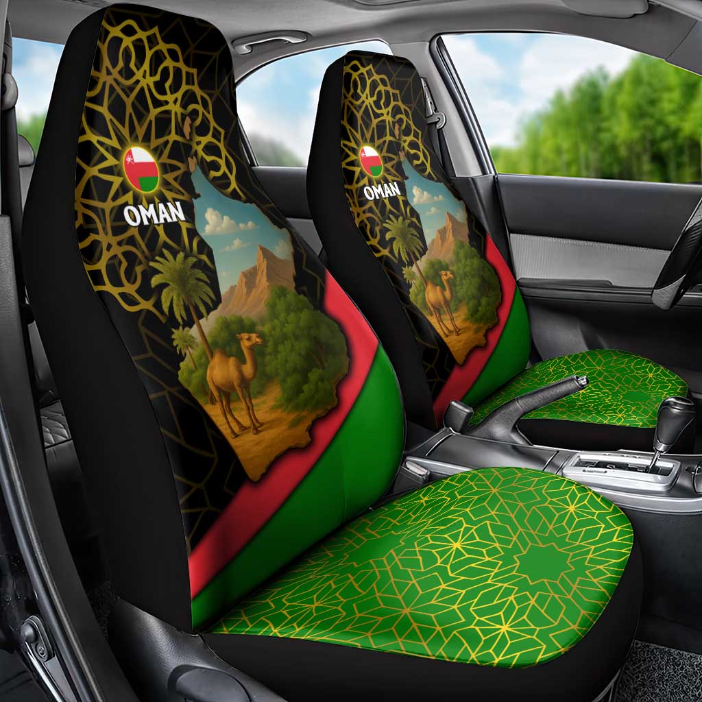 Oman Car Seat Cover with Camel Landscape and Geometric Pattern Design