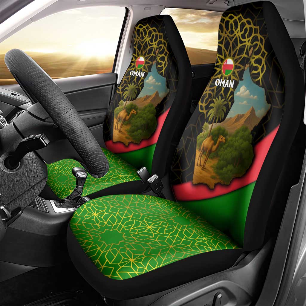 Oman Car Seat Cover with Camel Landscape and Geometric Pattern Design