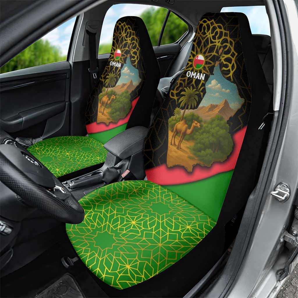 Oman Car Seat Cover with Camel Landscape and Geometric Pattern Design