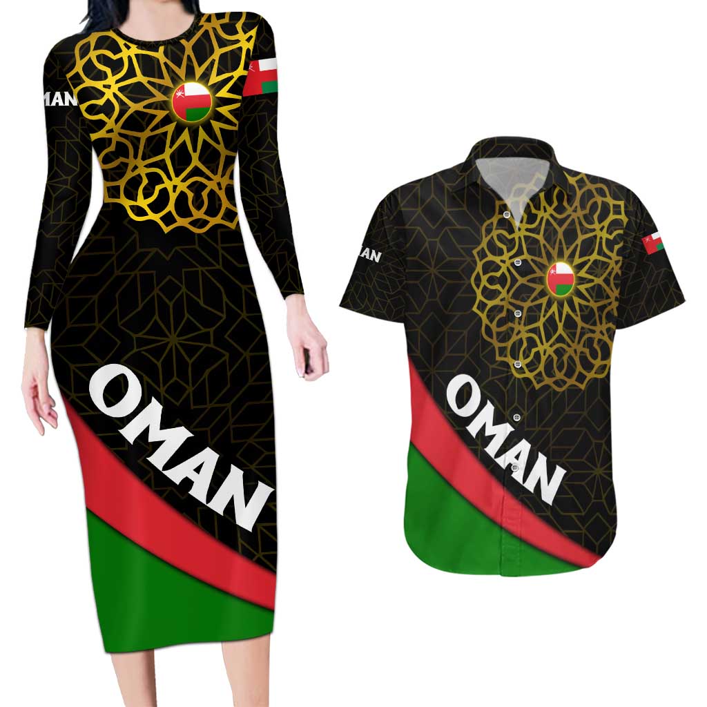 Oman Couples Matching Long Sleeve Bodycon Dress and Hawaiian Shirt with Camel Landscape and Geometric Pattern Design