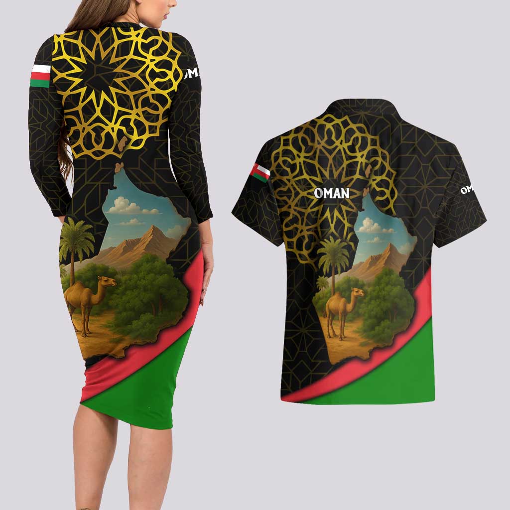 Oman Couples Matching Long Sleeve Bodycon Dress and Hawaiian Shirt with Camel Landscape and Geometric Pattern Design