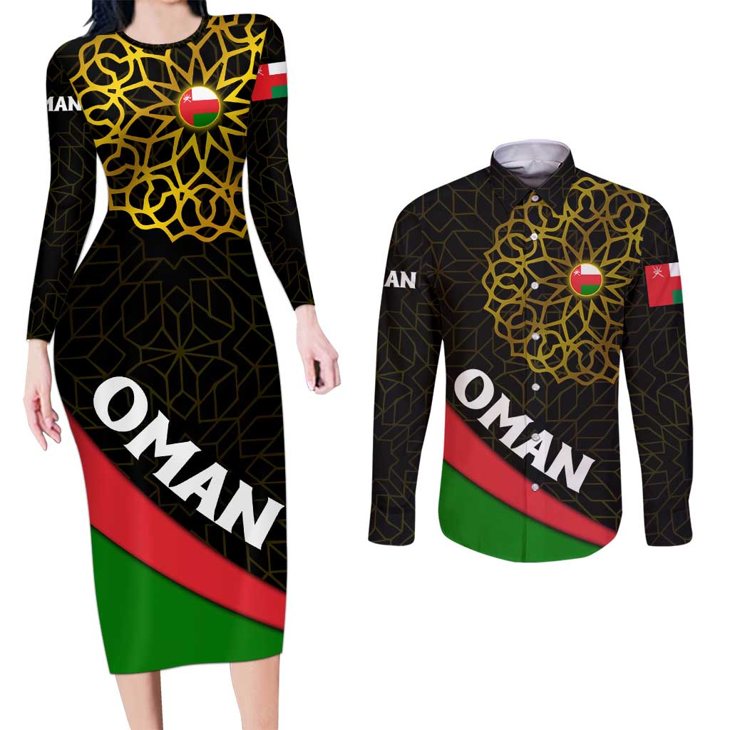 Oman Couples Matching Long Sleeve Bodycon Dress and Long Sleeve Button Shirt with Camel Landscape and Geometric Pattern Design