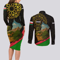 Oman Couples Matching Long Sleeve Bodycon Dress and Long Sleeve Button Shirt with Camel Landscape and Geometric Pattern Design