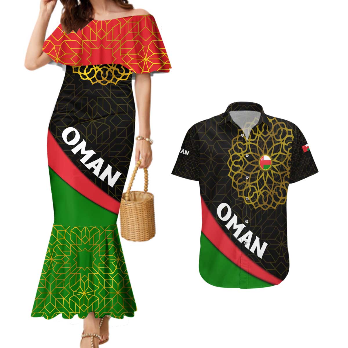 Oman Couples Matching Mermaid Dress and Hawaiian Shirt with Camel Landscape and Geometric Pattern Design