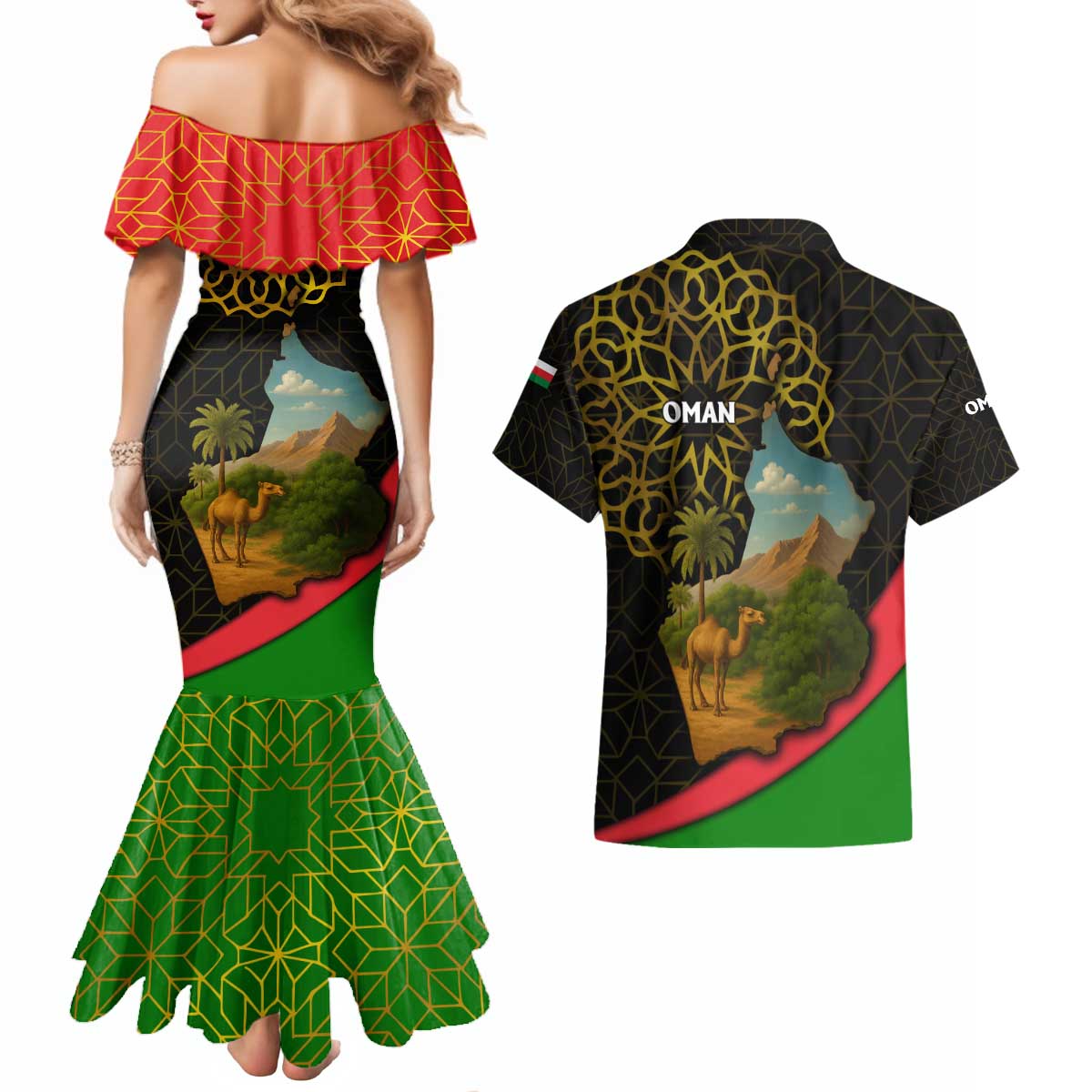 Oman Couples Matching Mermaid Dress and Hawaiian Shirt with Camel Landscape and Geometric Pattern Design