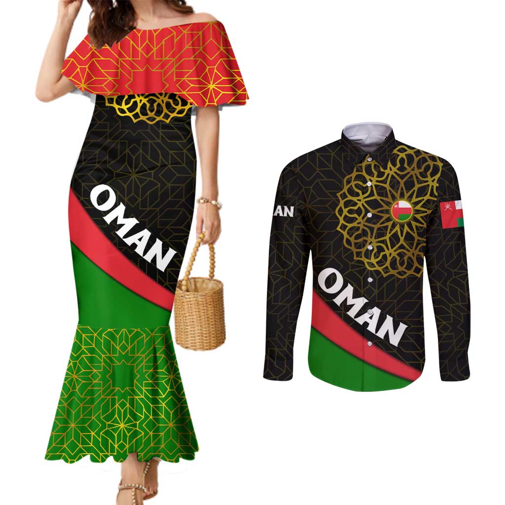 Oman Couples Matching Mermaid Dress and Long Sleeve Button Shirt with Camel Landscape and Geometric Pattern Design