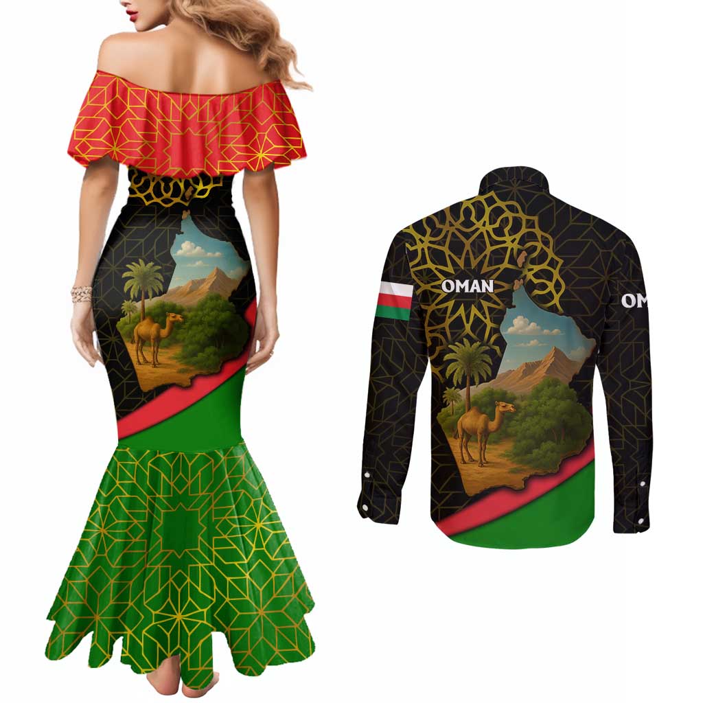 Oman Couples Matching Mermaid Dress and Long Sleeve Button Shirt with Camel Landscape and Geometric Pattern Design