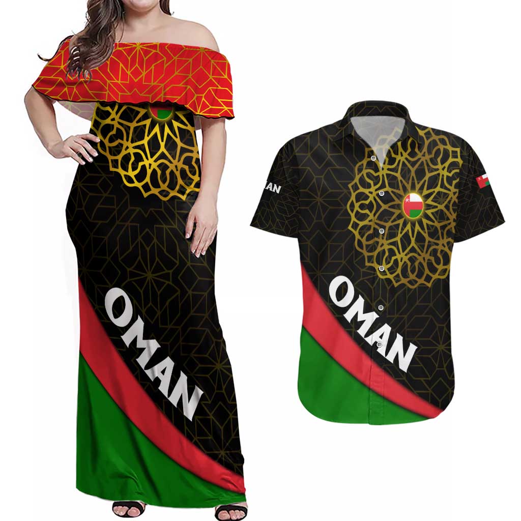 Oman Couples Matching Off Shoulder Maxi Dress and Hawaiian Shirt with Camel Landscape and Geometric Pattern Design