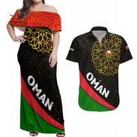 Oman Couples Matching Off Shoulder Maxi Dress and Hawaiian Shirt with Camel Landscape and Geometric Pattern Design